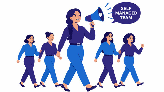 Confident woman leading a self managed team with megaphone.