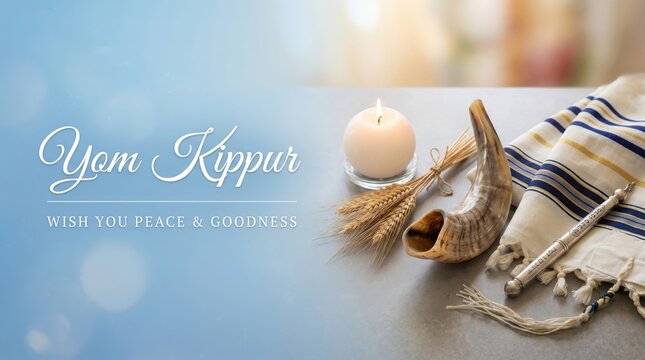Yom kippur greeting card with shofar, candle, wheat, and tallit on table