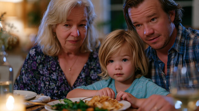 Grandmother sitting stiffly at a Sunday dinner table while her adult son gently but clearly redirects her parenting comment about the grandchildren, the child continuing to eat unbothered while the 