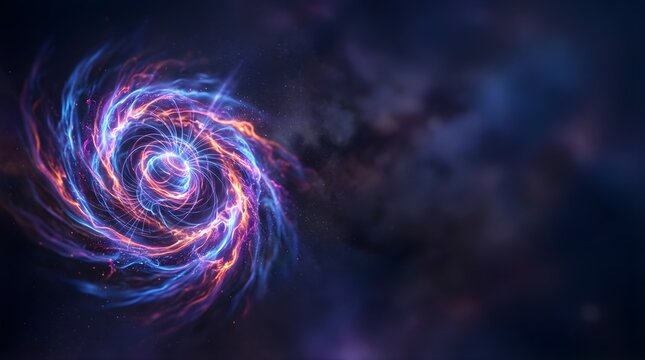 Glowing blue and orange plasma spiral forming a cosmic vortex in deep space