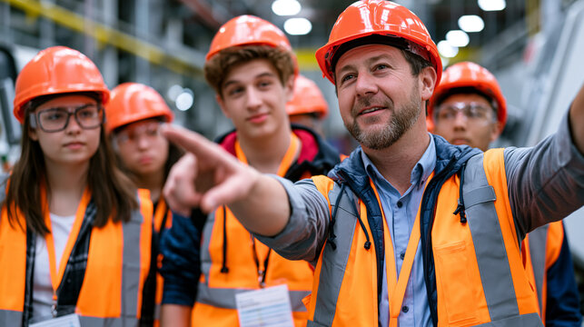 Manufacturing apprentice program coordinator leads a group of high school students across an active factory floor, pointing toward CNC machining centers while students in matching helmets and safety