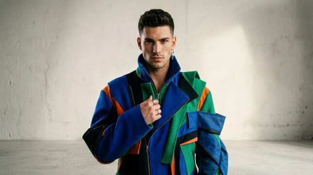 Confident Man Posing in Colorful Abstract Jacket Against Plain Background