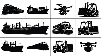 Obraz premium Solid black silhouette icons of freight transportation, cargo ships, trains, drones, and forklifts