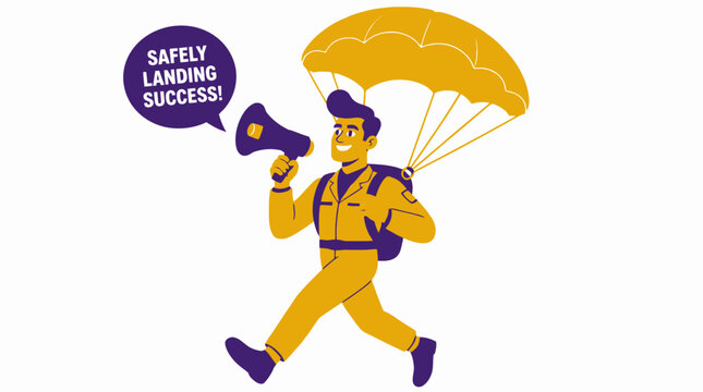 Cartoon skydiver with parachute and megaphone celebrating success.