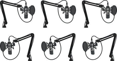 Professional studio microphone on adjustable scissor boom arm stand vector illustration set for podcasting streaming and voiceover recording © MDSabbir