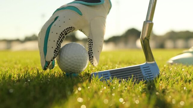 Low angle close up of golfer putting white ball on blue tee on sunny green grass.