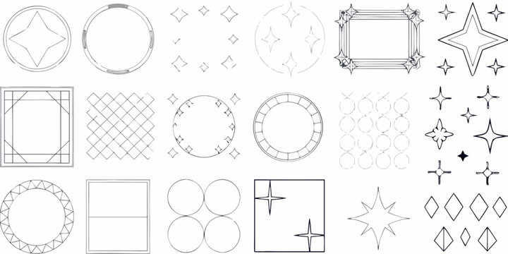 Line Art Sparkle Elements And Geometric Frames On White Background