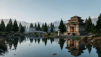 Fototapeta premium Traditional Asian temple with stone bridge and serene lake scenery in nature