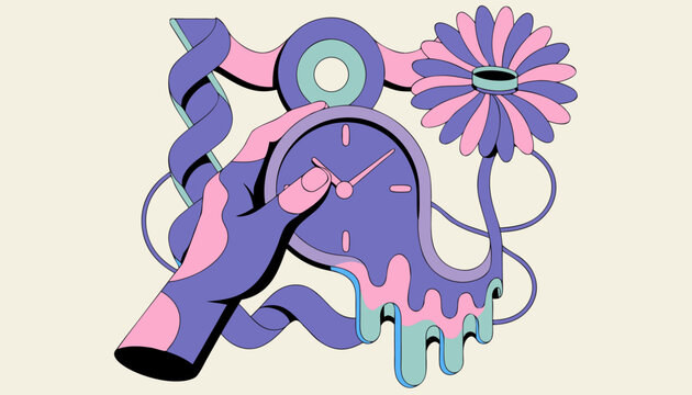 Abstract Dreamy Composition with Surreal Time Concept and Botanical Elements.eps