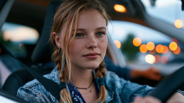 Teen driver parallel parking in a nearly empty lot at dusk as the streetlights begin to flicker on, her father's hand hovering near the dash but not touching it, the car slightly crooked and her exp