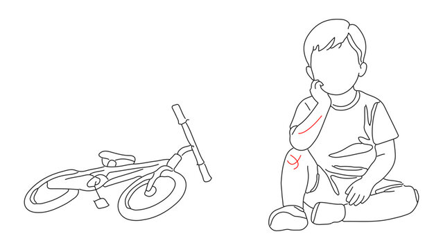 Continuous line art drawing of a sad little boy sitting on the ground with scratches after falling off his bicycle. Minimalist vector illustration of a childhood bike accident and minor injuries.