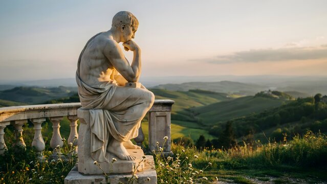 Classical marble statue of a contemplative thinker overlooking scenic hill landscape at sunset