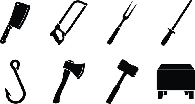 Butcher Tools Icon Set with Cleaver Hacksaw Meat Hook and Chopping Equipment
