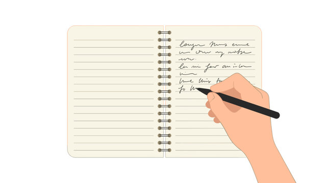 Hand writing in a spiral bound notebook with lined pages and a black pen