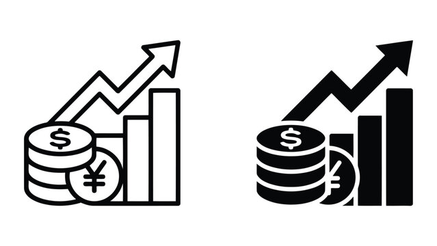 Rising bar chart with dollar and yen coins icon set in outline and solid black vector format for international business finance and multi currency investment market growth analysis