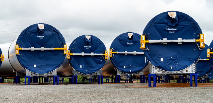 Esbjerg, Denmark, Juni 14, 2026 - Stored wind turbine blades from Vestas in the industrial port of Esbjerg for transport and deployment in offshore wind farms.