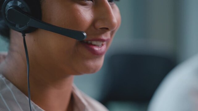 Close up Indian business woman Arabian businesswoman female talking in call center operator wearing headsets talk handling clients requests agent customer service sales trade saleswoman in callcenter
