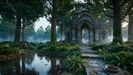 Fototapeta premium Mystical Forest Scene with Ancient Stone Arch and Pathway by Water