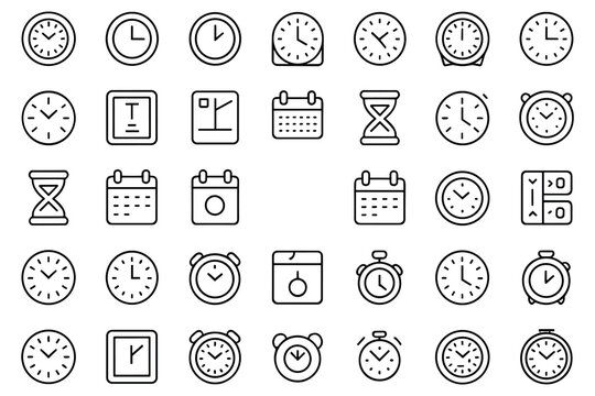 Universal time management icon set featuring diverse clock styles calendar and hourglass symbols