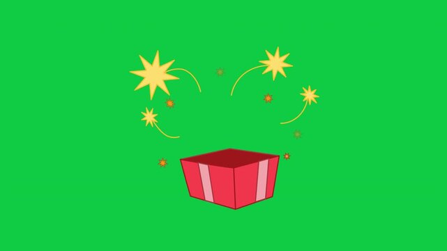 Gift open present box with bursting stars looping animation for holiday sales promos green screen