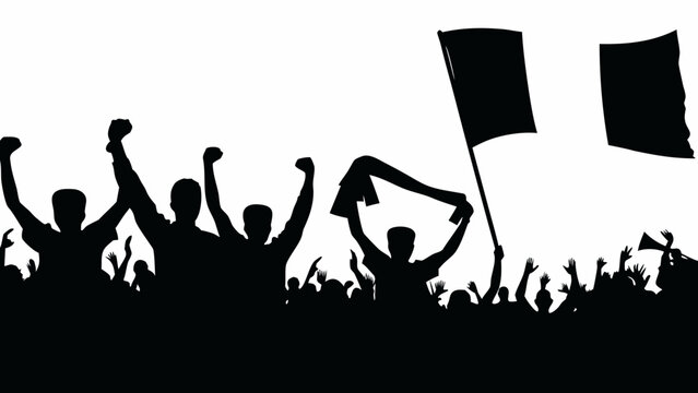 A black silhouette of an energetic crowd of people with raised arms against a white background