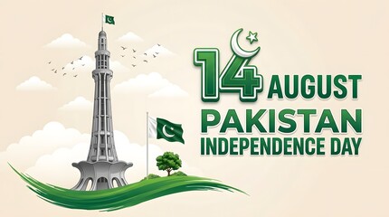 Obraz premium Pakistan independence day illustration with minar e pakistan and national flag