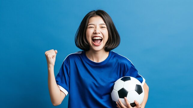 Young woman in blue jersey holding soccer player soccer ball, excited