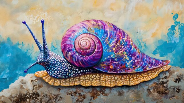 Colorful snail crawling with vibrant purple and blue shell