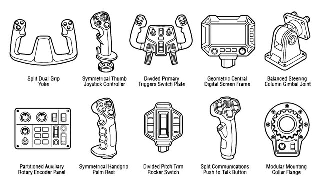 Technical line art illustrations of aircraft cockpit control components and flight simulator hardware parts.