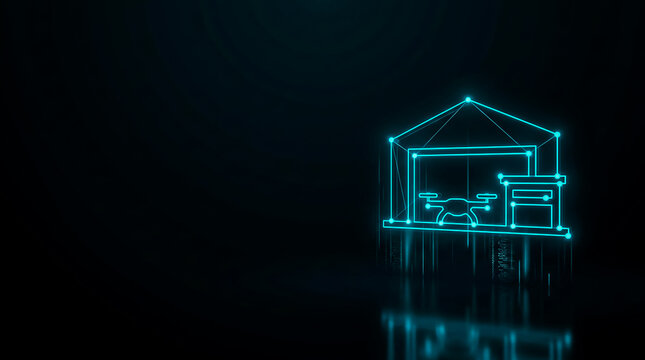 A sleek  image  of a glowing garage featuring a drone and workbench, rendered in vibrant neon blue lines against a dark background.