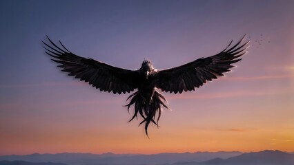 Obraz premium Majestic bird of prey soaring during sunset with outstretched wings and open sky background