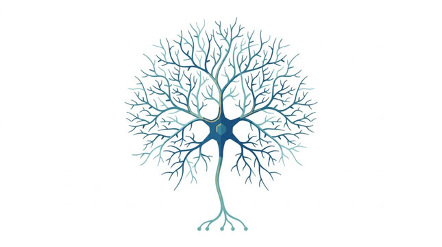 Illustration of a human neuron cell body with branching dendrites and axon.