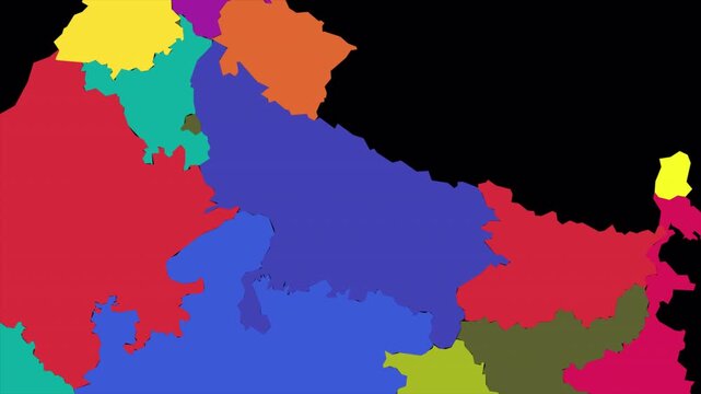 Uttar Pradesh map animation, UP state political map, India region border outline, Indian geography territory shape, administrative location graphic, colorful state map motion design