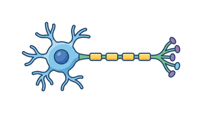 Illustration of a human neuron cell body with dendrites and axon.
