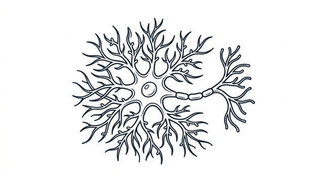 Illustration of a human neuron cell body with dendrites and axon.
