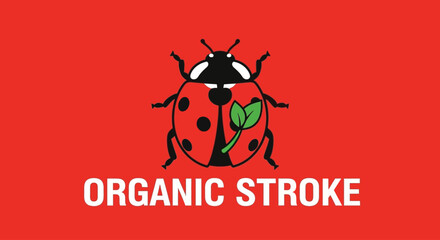 ladybug holding green leaf organic stroke logo red background © wawa
