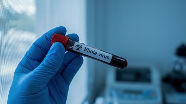 Medical professional holding Ebola virus blood sample tube.