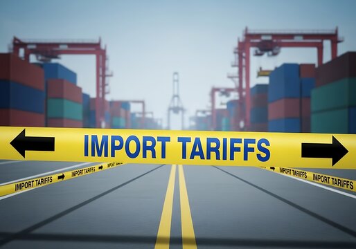Caution tape marking import tariffs at a busy shipping container terminal