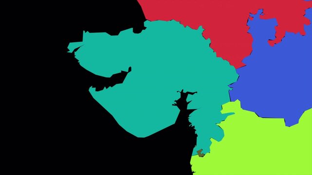 Gujarat map animation, India state geography outline, western Indian political map, regional border territory, administrative location graphic, colorful state map