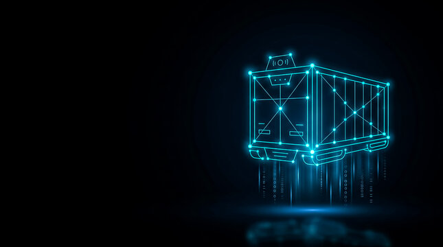A sleek,  image  of a glowing blockchain container connected by digital nodes and data streams in a high-tech design.