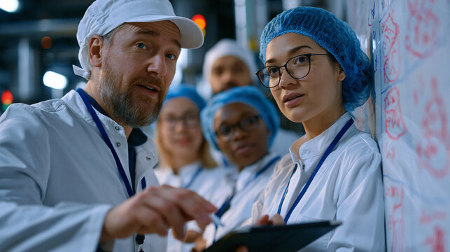 Food processing facility supervisor reviews a HACCP corrective action report with a diverse team of floor leads gathered around a wall-mounted whiteboard inside a temperature-controlled dairy packag