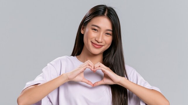 Smiling Asian woman making heart shape with hands