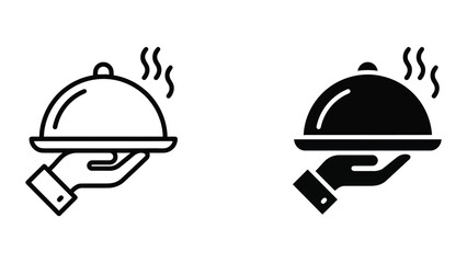 Fototapeta premium Professional waiter serving hot food icon set featuring hand holding cloche tray with steam effect in flat graphic style for restaurant dining and hospitality service industry mobile apps