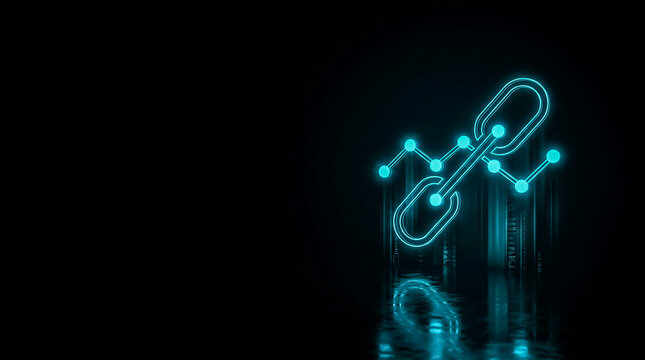  image graphic depicting a glowing digital link symbolizing blockchain technology, data connection, and analytics trends.