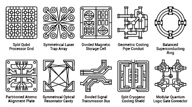 Collection of futuristic quantum computing and advanced technology schematic icons in black and white line art.