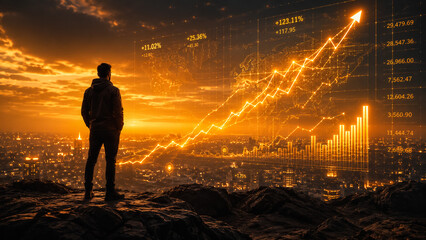 Fototapeta premium Man looking out over cityscape with rising graphs at sunset