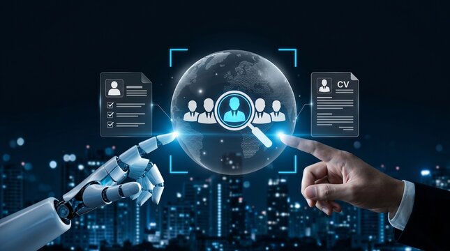 Ai and human hand touching digital interface for global recruitment and talent acquisition