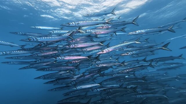 School of barracuda fish in crystal sea water - Marine life