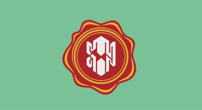 red wax seal emblem with white monogram on green background vector illustration