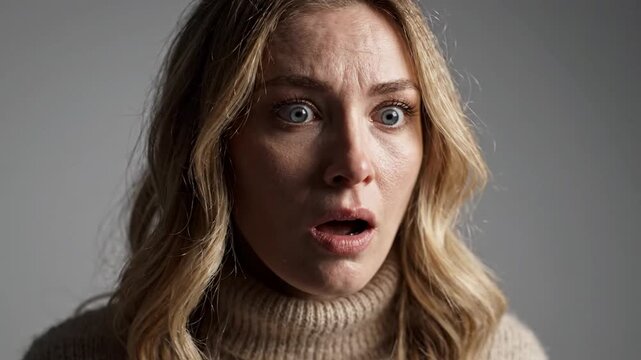 Terrified Woman Gasps in Shock Experiencing Sudden Fear and Surprise Close Up